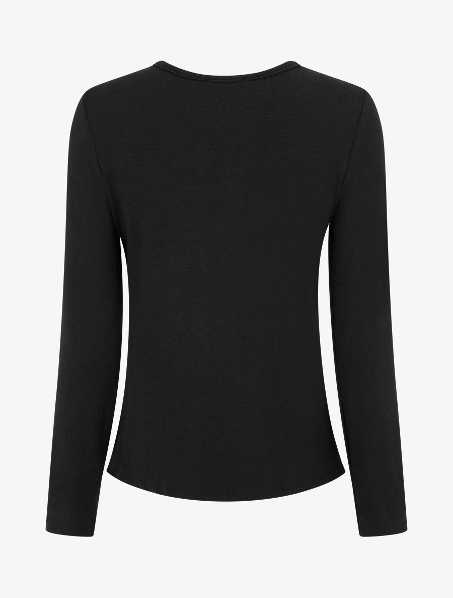 Pull fin et droit col rond froncé avec bijou - Noir - 2