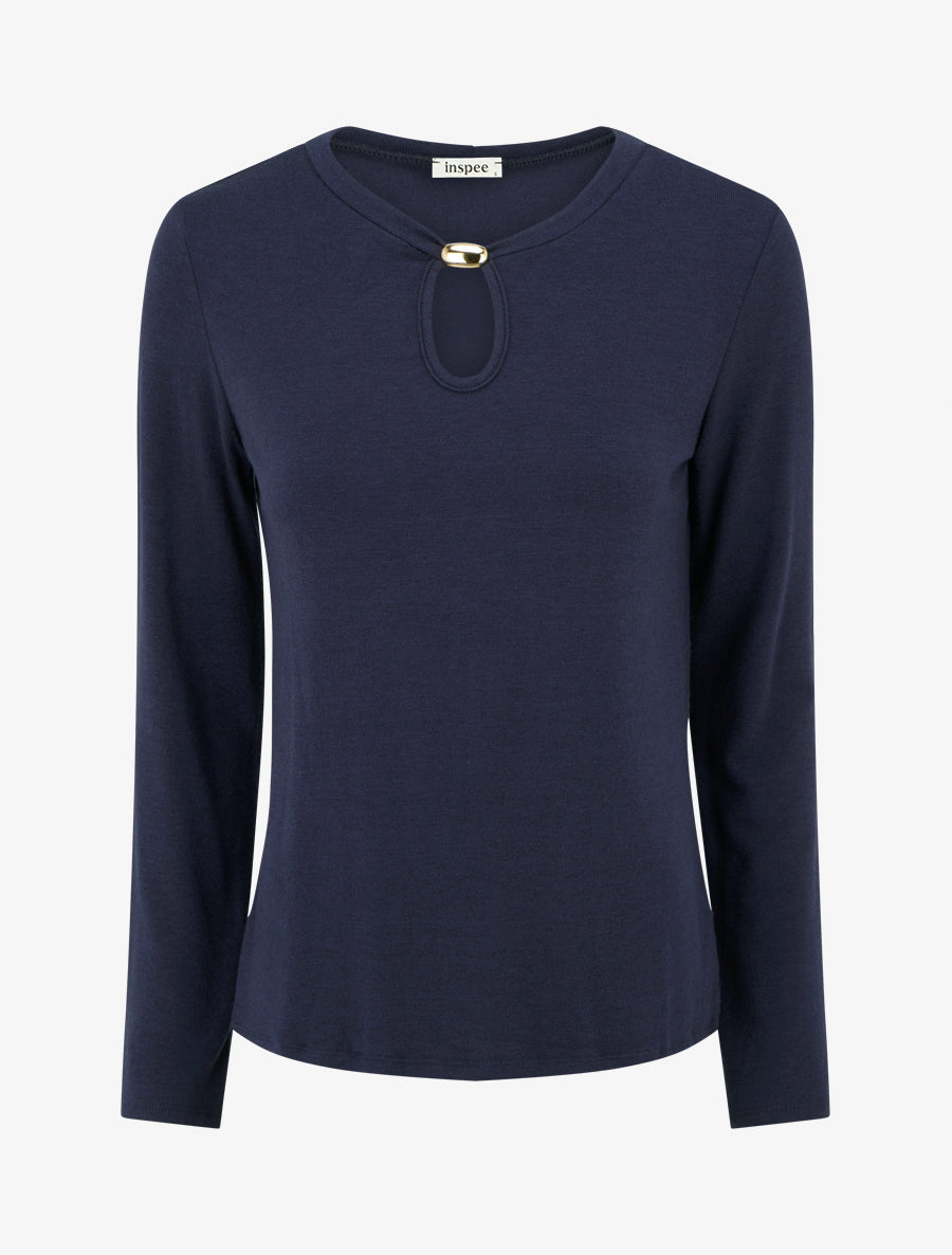 Pull droit à col rond avec ouverture goutte et bijou - Marine - 1