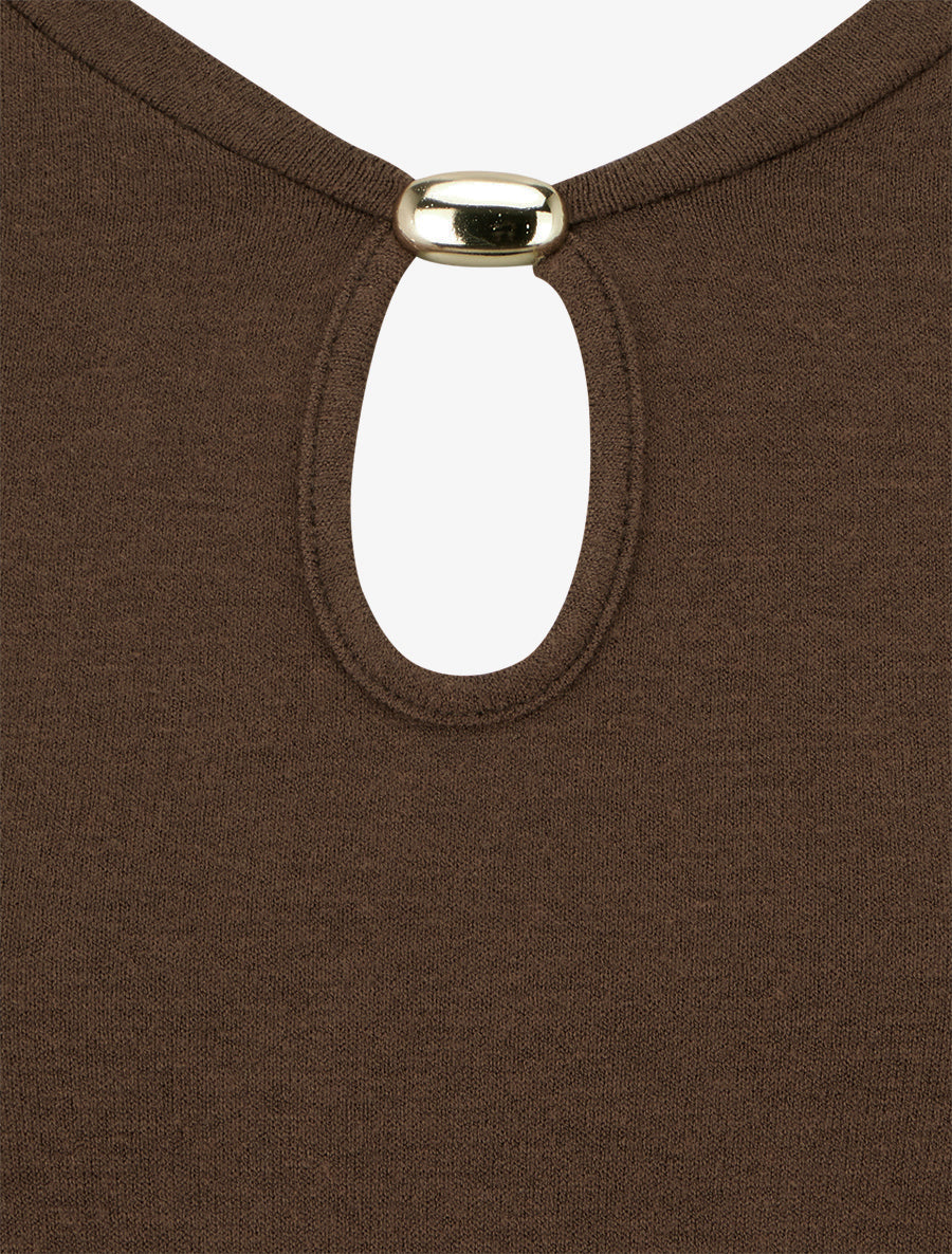Pull droit à col rond avec ouverture goutte et bijou - Marron - 3
