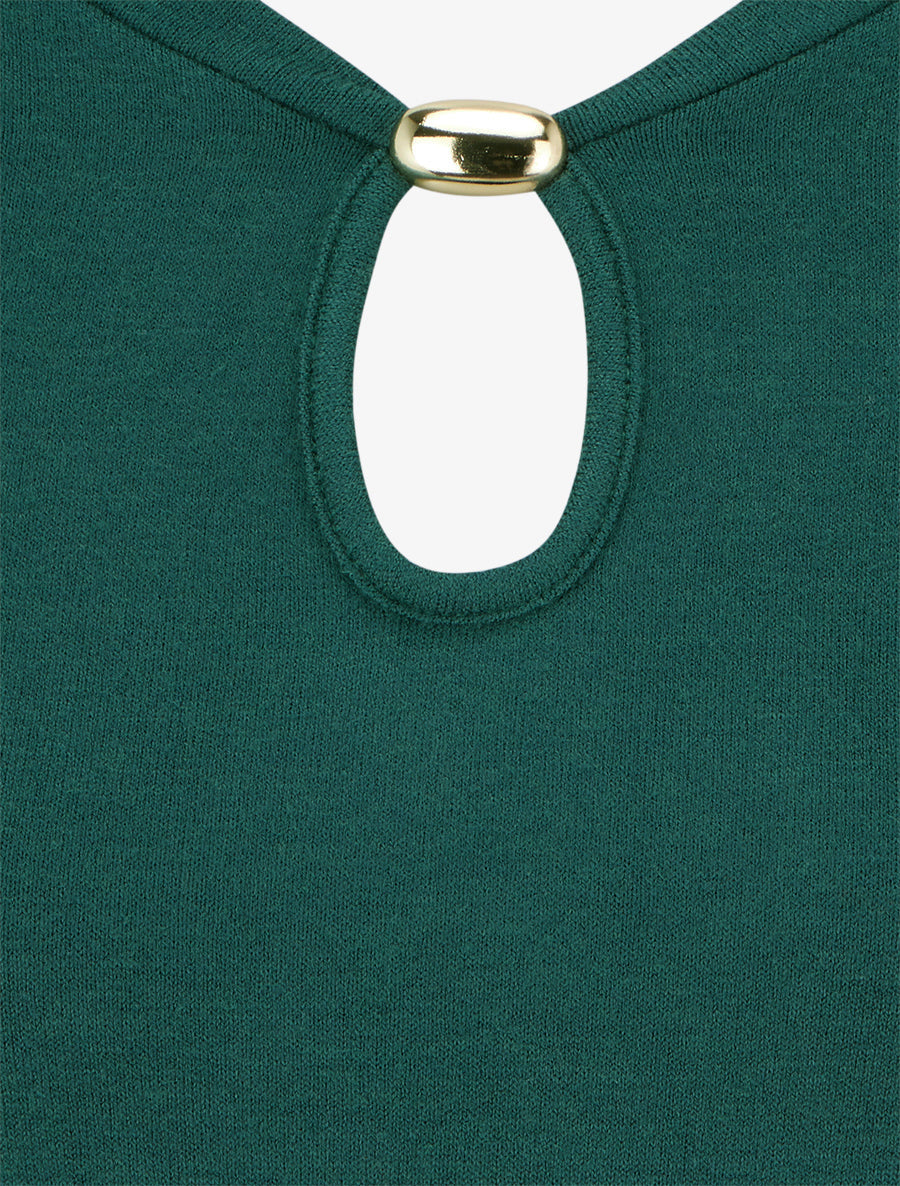 Pull droit à col rond avec ouverture goutte et bijou - Vert foncé - 3