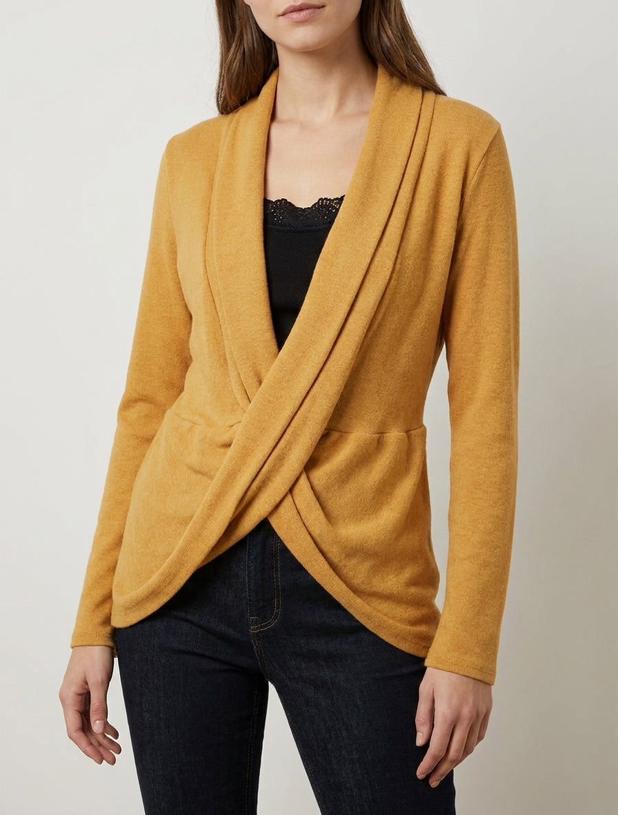 Jersey estilo chaleco con efecto trenzado y forro de encaje. - Mostaza/negro