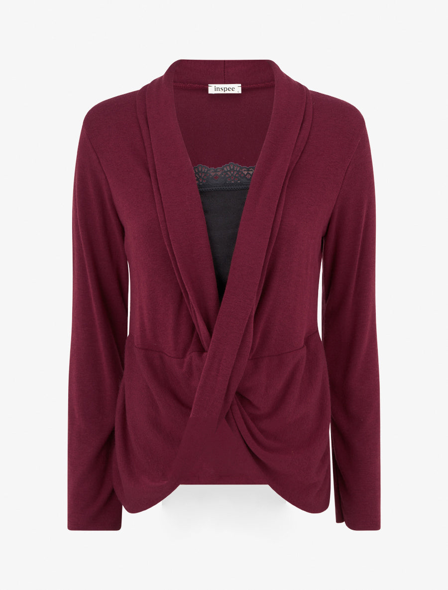 Pull style gilet effet torsader avec doublure à dentelle - Bordeaux/noir - 1