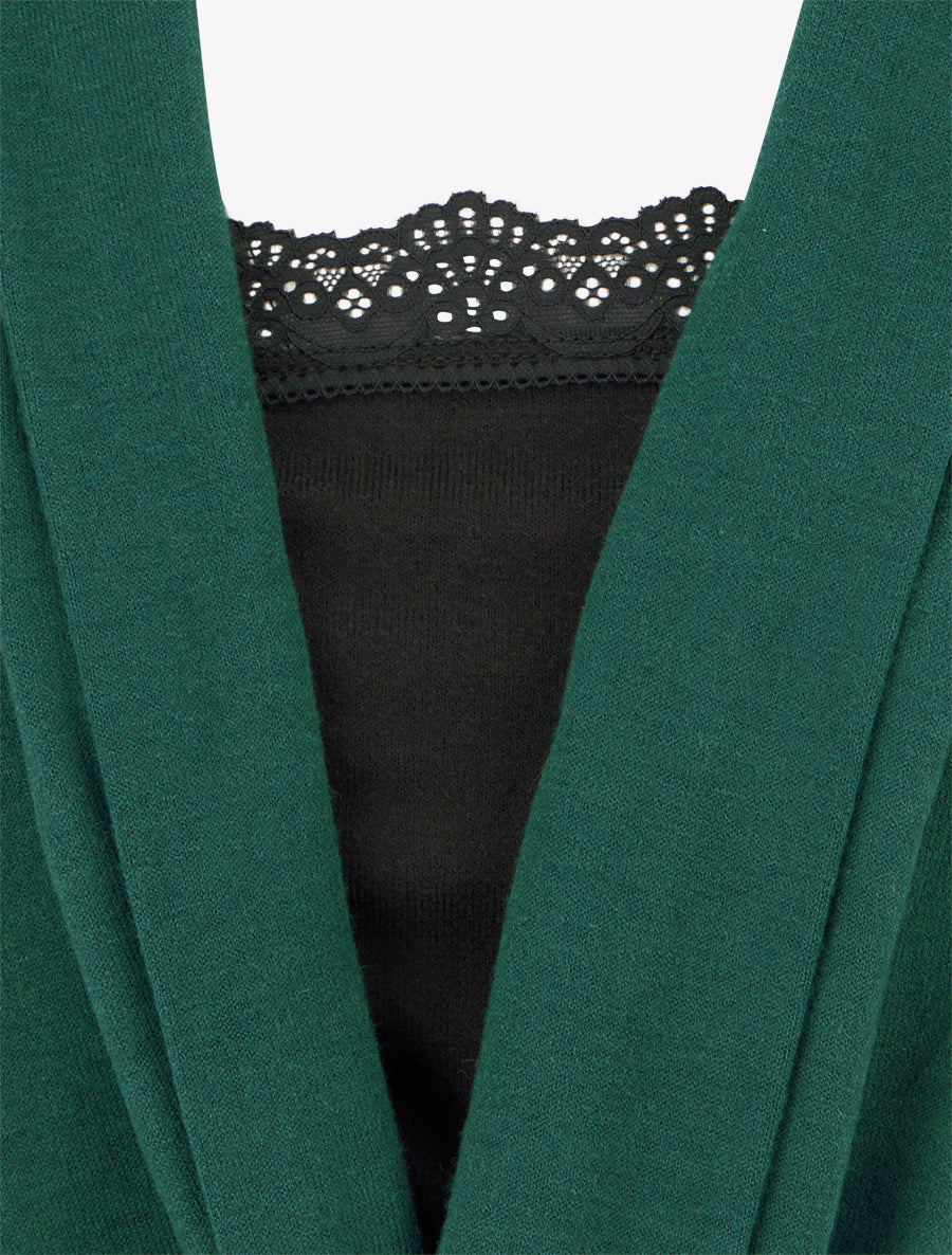 Pull style gilet effet torsader avec doublure à dentelle - Vert foncé/noir - 3