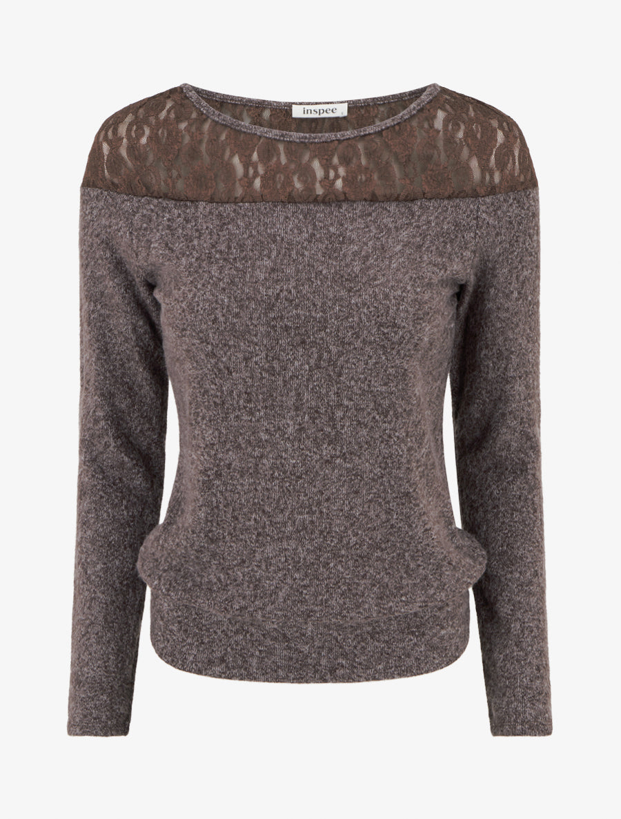 Pull duveteux droit à col rond et empiècement dentelle - Marron - 1