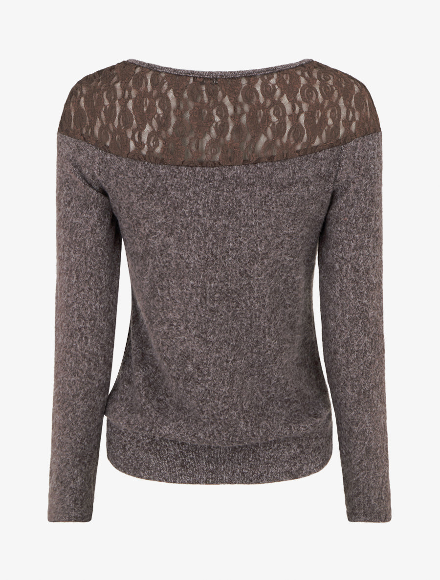 Pull duveteux droit à col rond et empiècement dentelle - Marron - 2