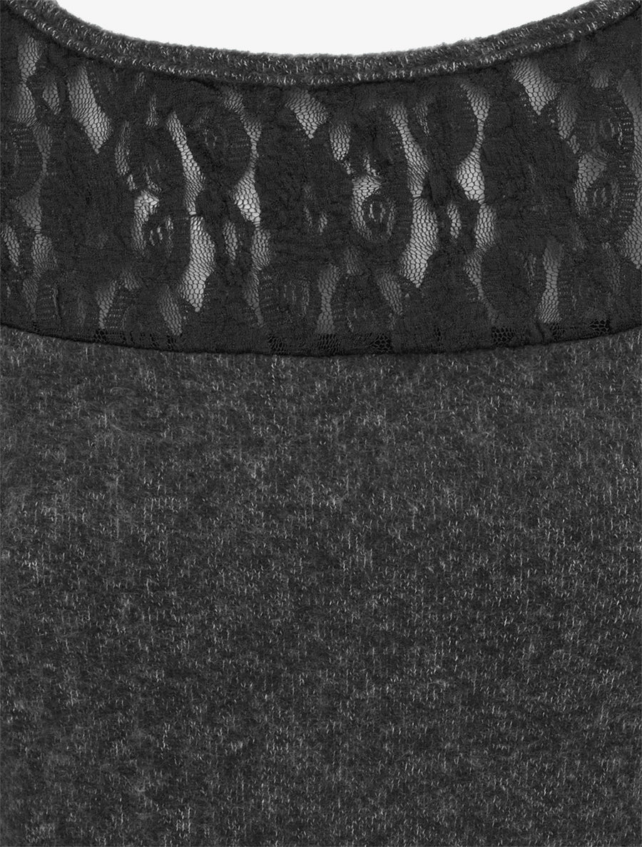 Pull duveteux droit à col rond et empiècement dentelle - Gris foncé - 3