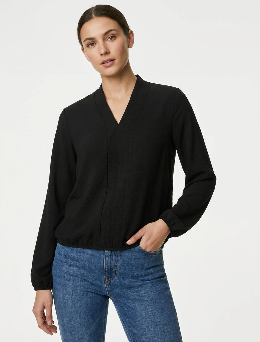 Top de manga larga y cuello en V - Negro