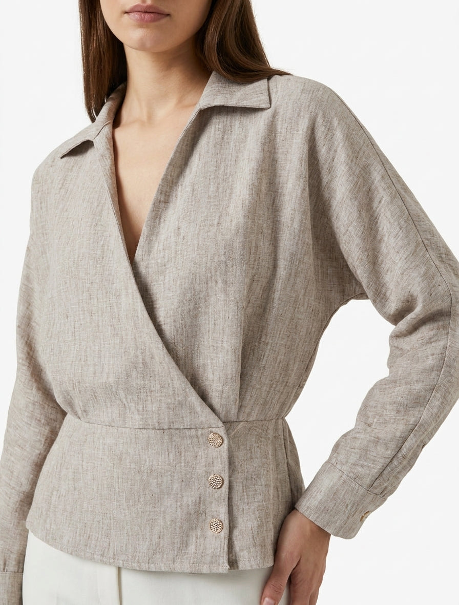 Blusa elástica con cuello cruzado - Topo jaspeado