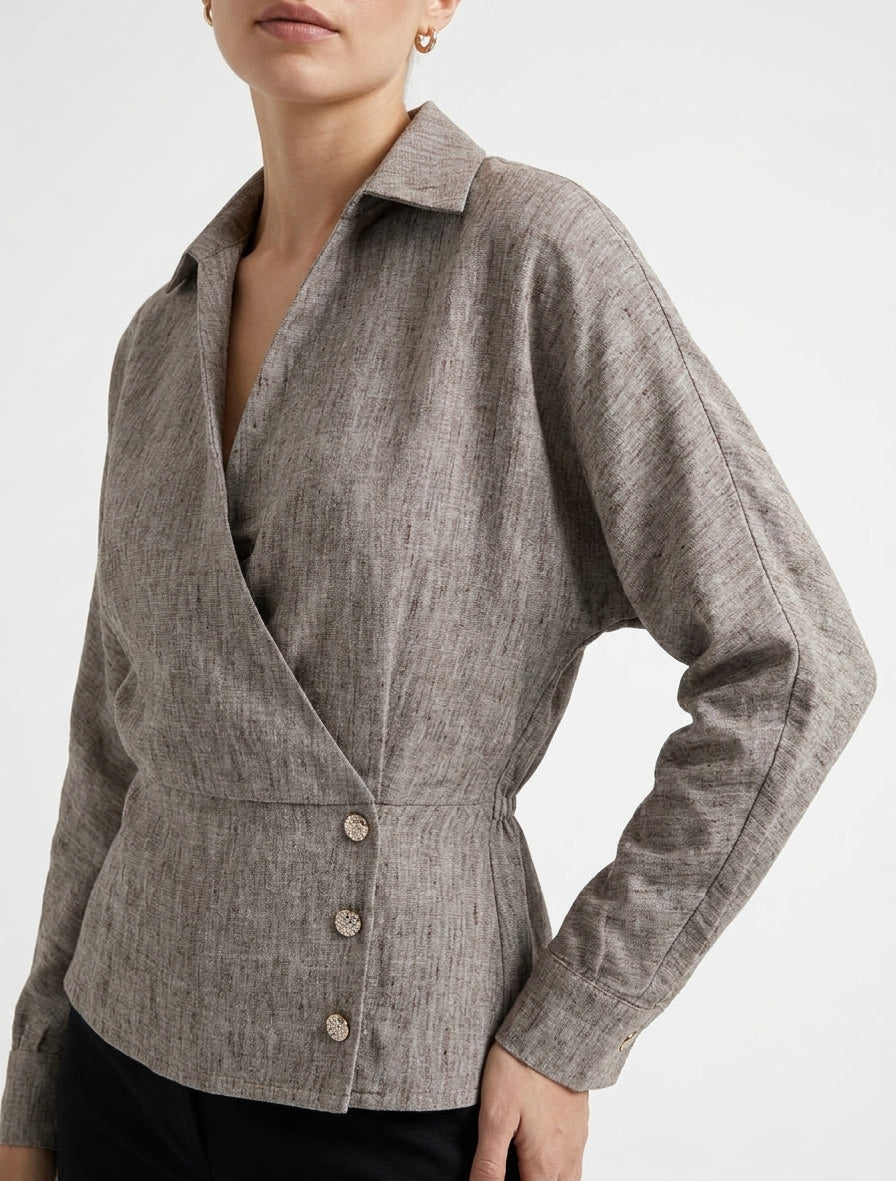Blusa elástica con cuello cruzado - Marrón jaspeado