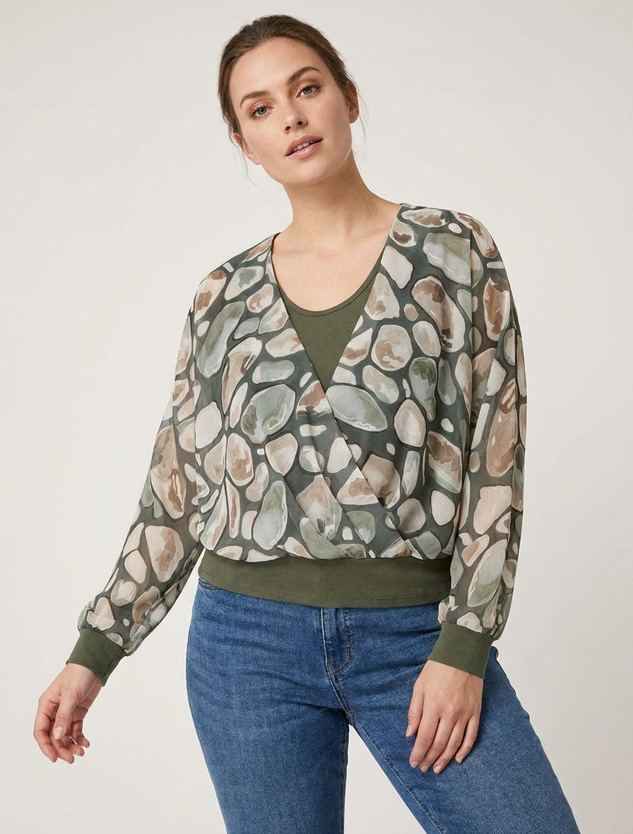 Top de voile estampado con guijarros y cuello cruzado - Caqui