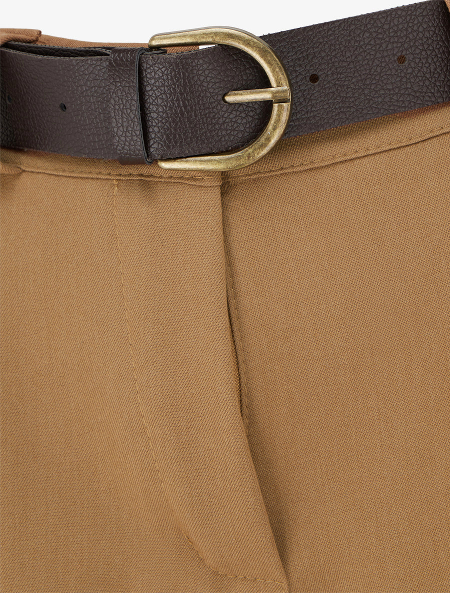 Pantalon taille haute à revers - Camel - 3