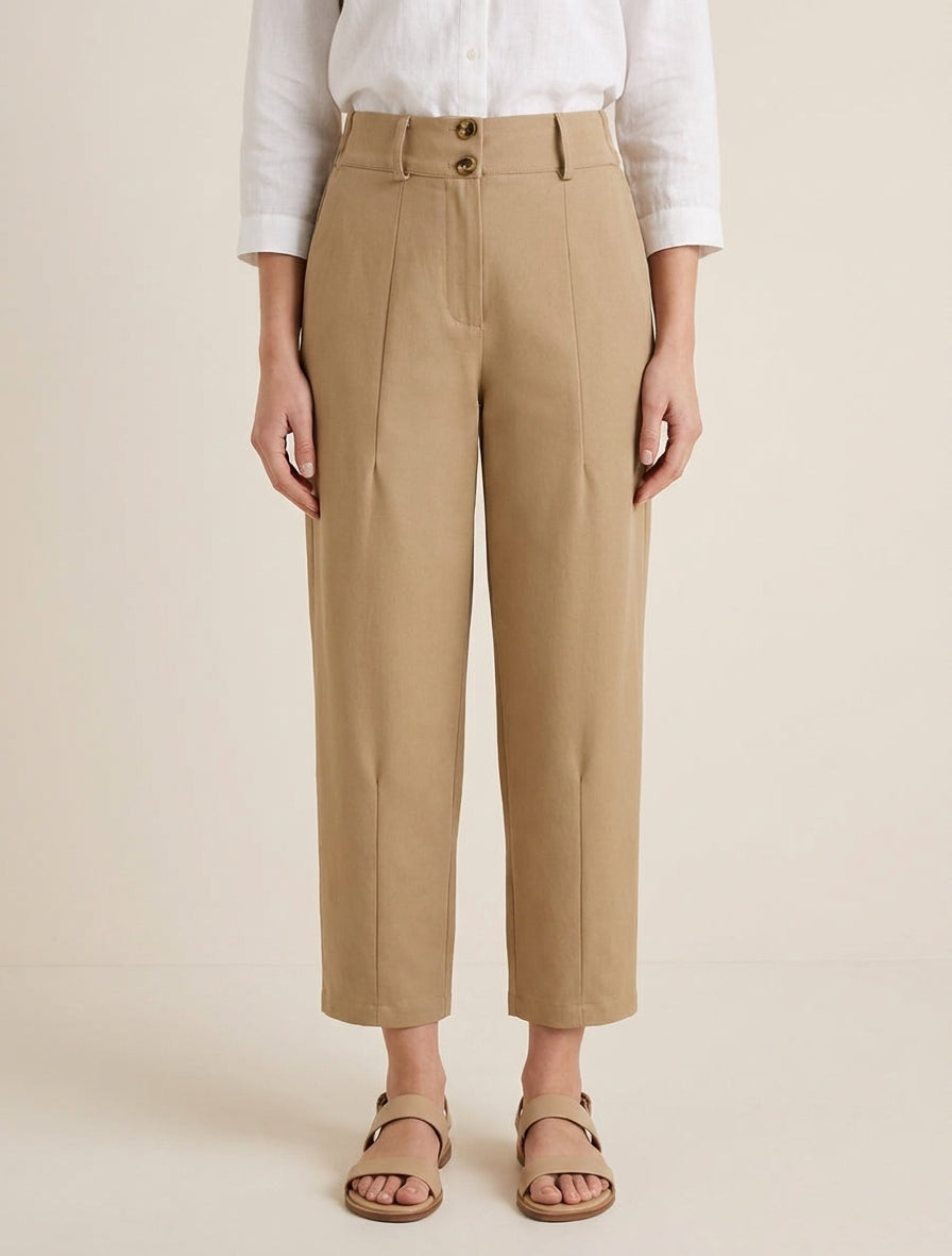 Pantalón liso con cierre de botones - Camello claro