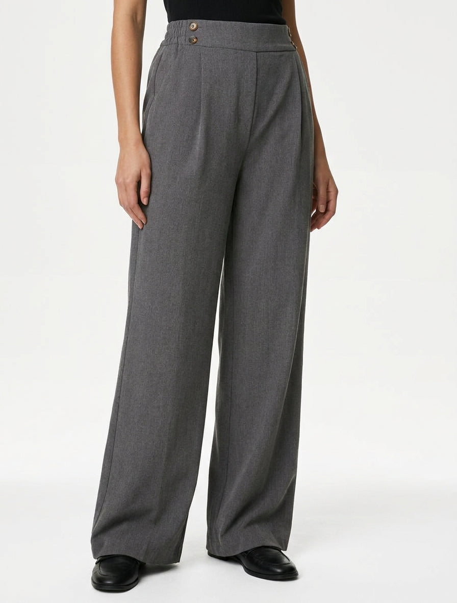 Pantalón ancho de cintura alta con botones - Gris