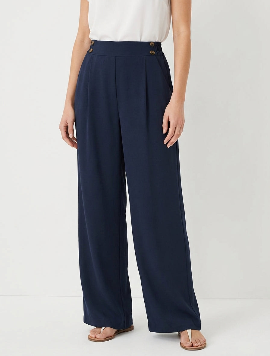 Pantalón ancho de cintura alta con botones - Marine