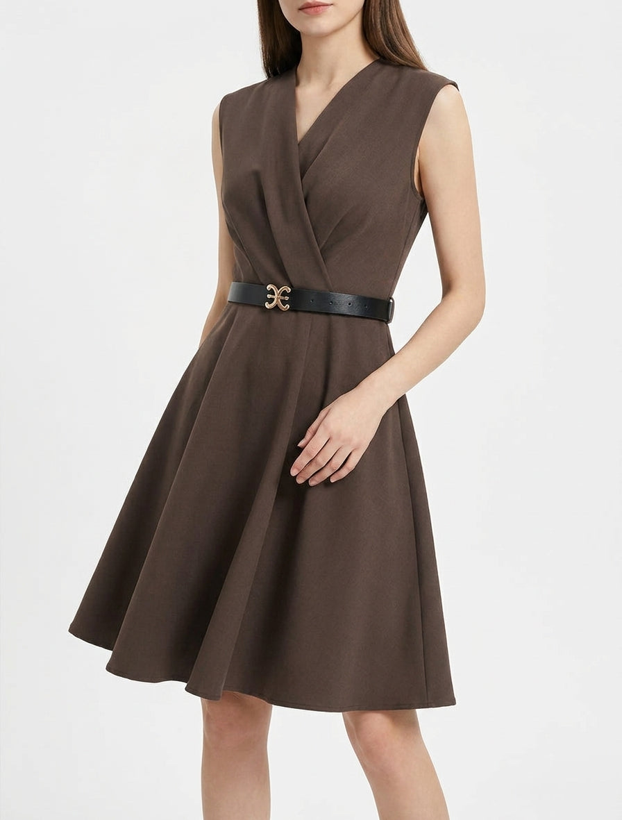 Vestido skater sin mangas con cuello cruzado - Marrón