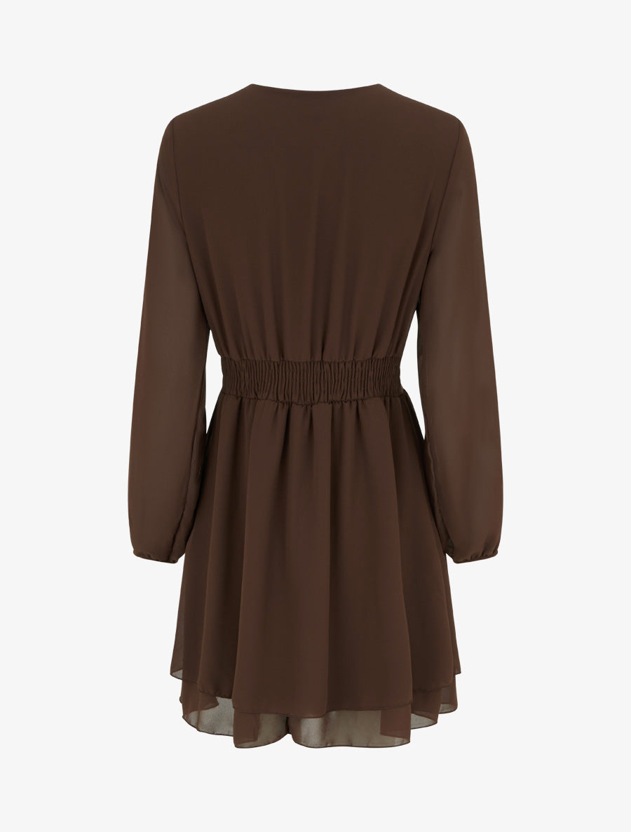 Robe unie style portefeuille à manches longues - Marron - 2
