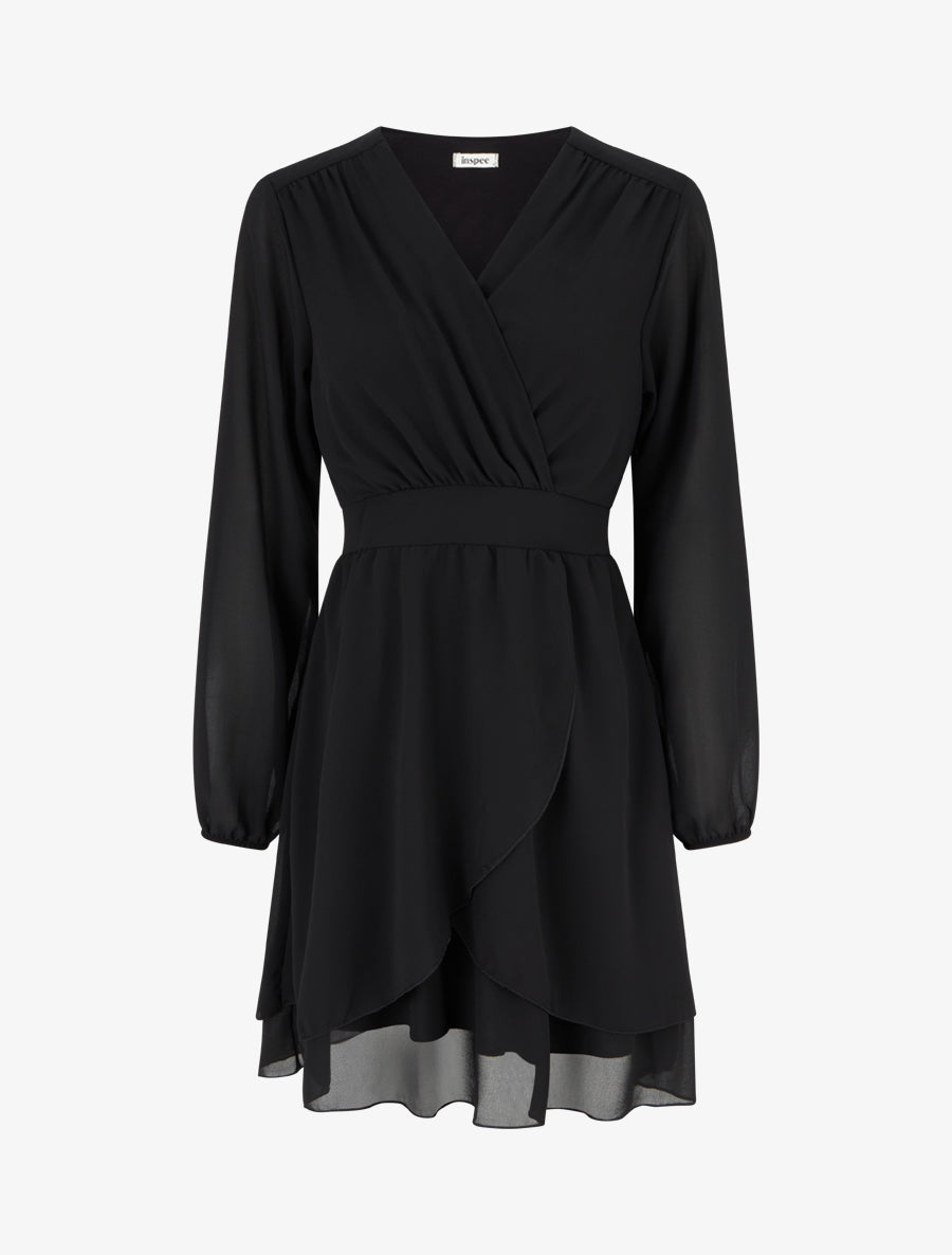 Robe unie style portefeuille à manches longues - Noir - 1