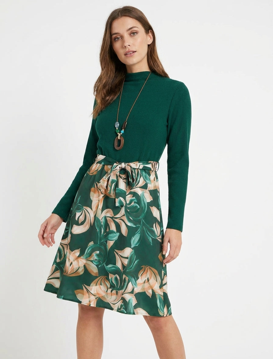 Vestido bicolor con estampado de follaje estilizado - Verde oscuro