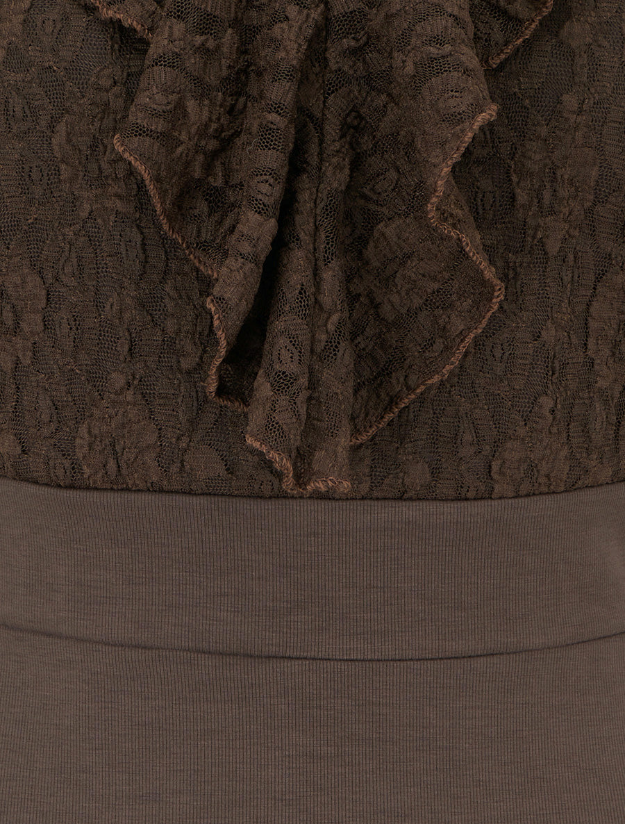 Robe droite à buste volanté en dentelle - Marron - 3