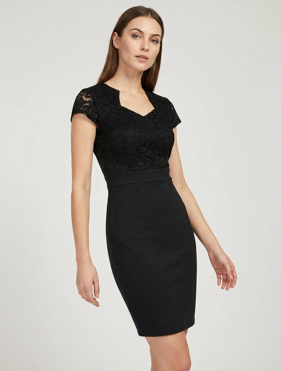Vestido ajustado con busto de encaje y mangas cortas. - Negro