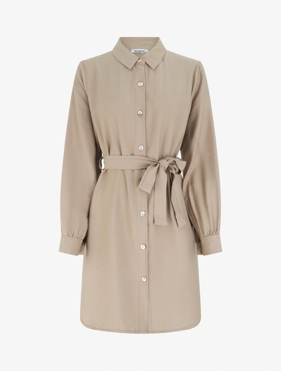 Robe chemise droite à manches longues - Beige - 1