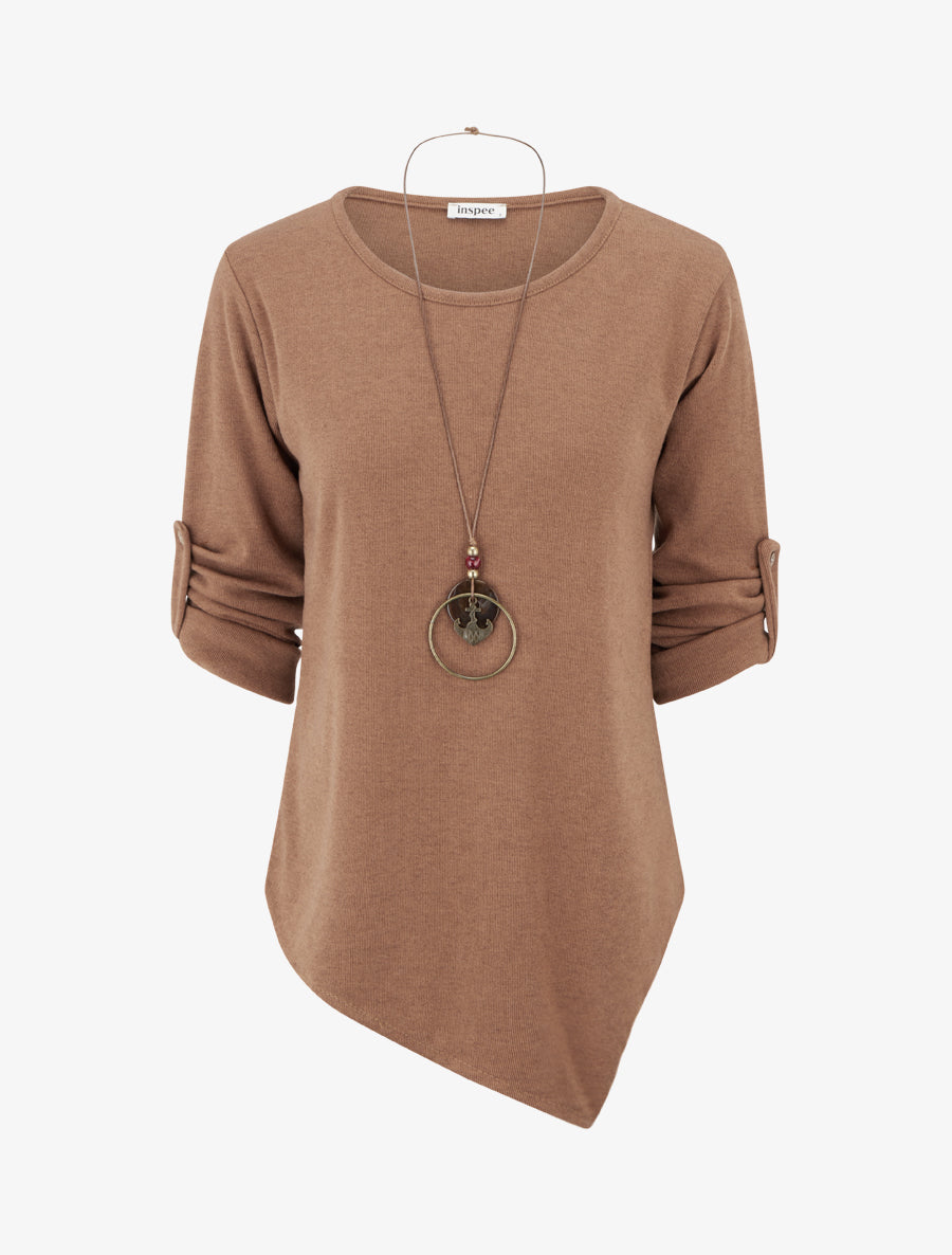 Jersey liso con mangas largas enrollables - Camello
