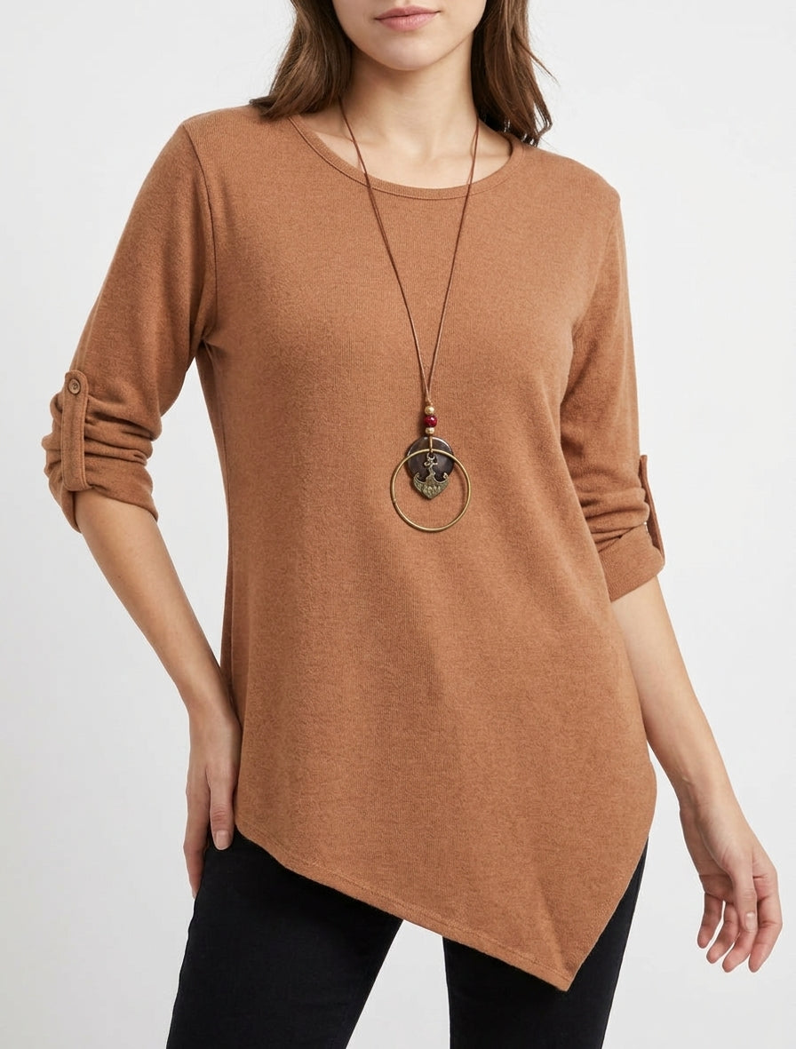 Jersey liso con mangas largas enrollables - Camello