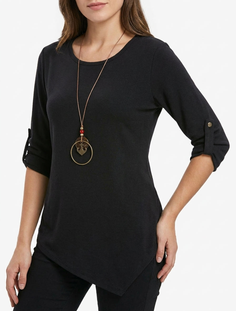 Jersey liso con mangas largas enrollables - Negro