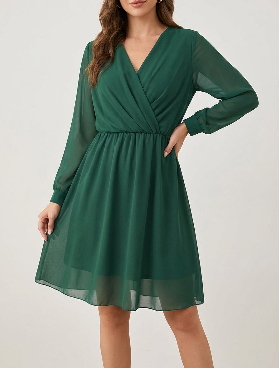 Vestido evasé de gasa con cuello cruzado - Verde oscuro