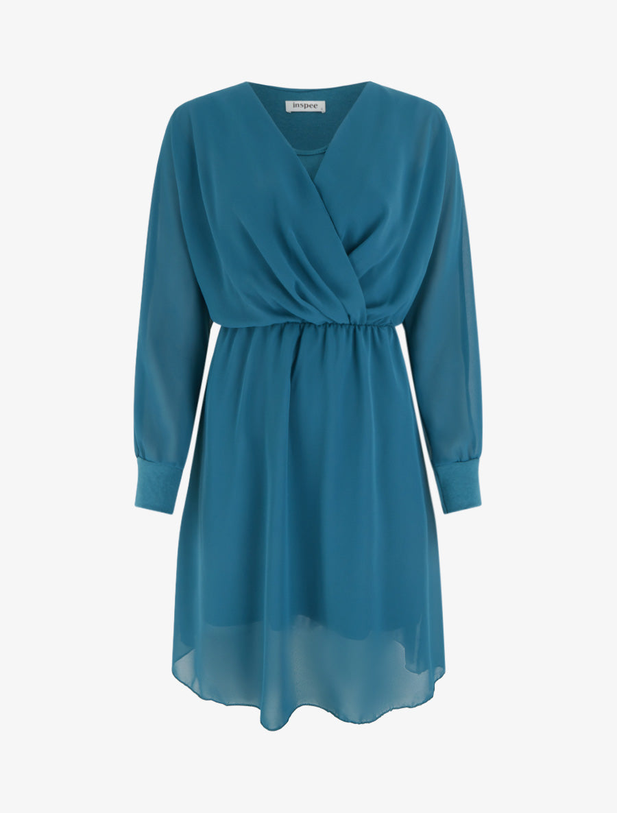Robe évasée en voile à col cache-coeur - Bleu canard - 1