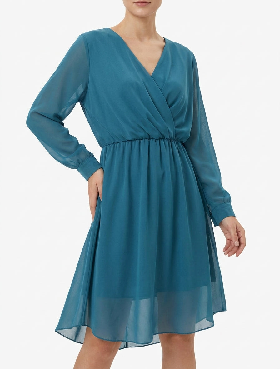Vestido evasé de gasa con cuello cruzado - Azul pato