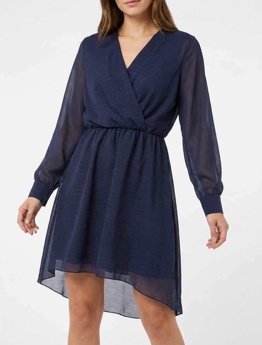 Vestido acampanado de gasa iridiscente con cuello cruzado - Marine