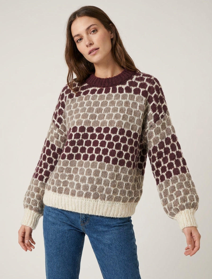 Suéter de mezcla de mohair con patrón de círculos - Burdeos/topo