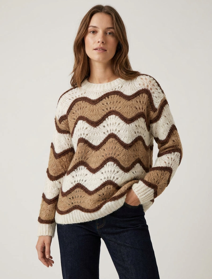 Suéter de mezcla de mohair con diseño de rayas curvas - Camel/crudo