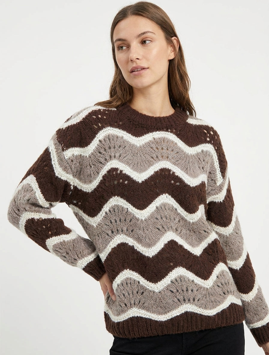 Suéter de mezcla de mohair con diseño de rayas curvas - Marrón/topo