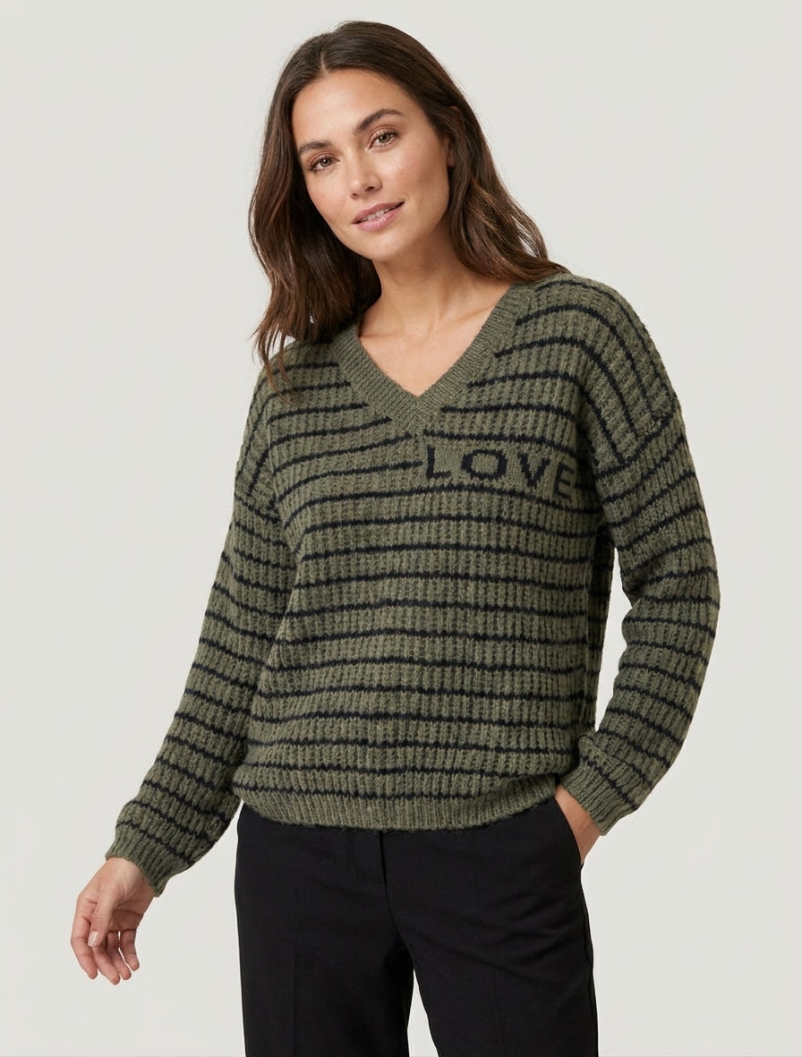 Suéter de mohair con inscripción LOVE a rayas - Caqui