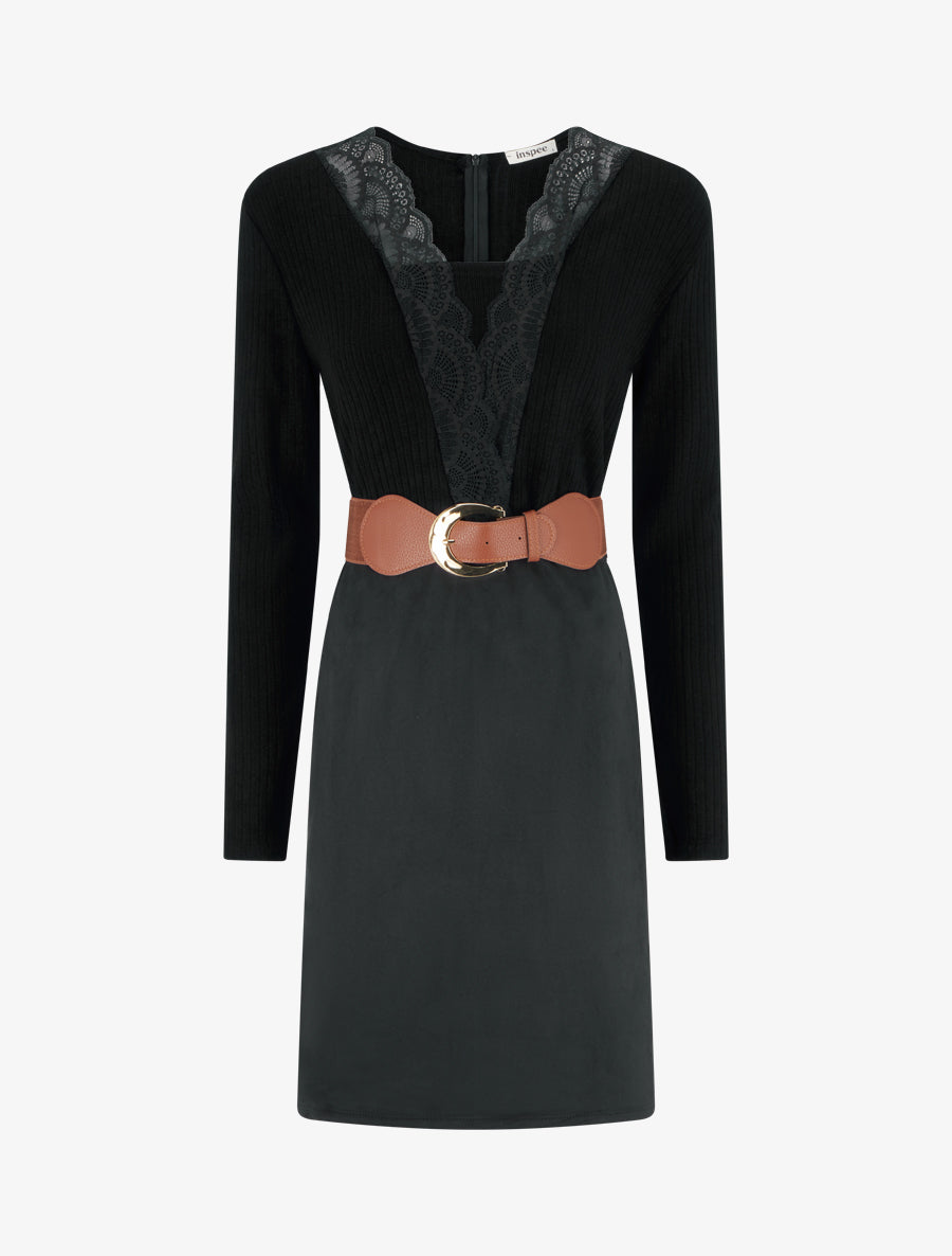 Robe droite bimatière à détail dentelle - Noir - 1