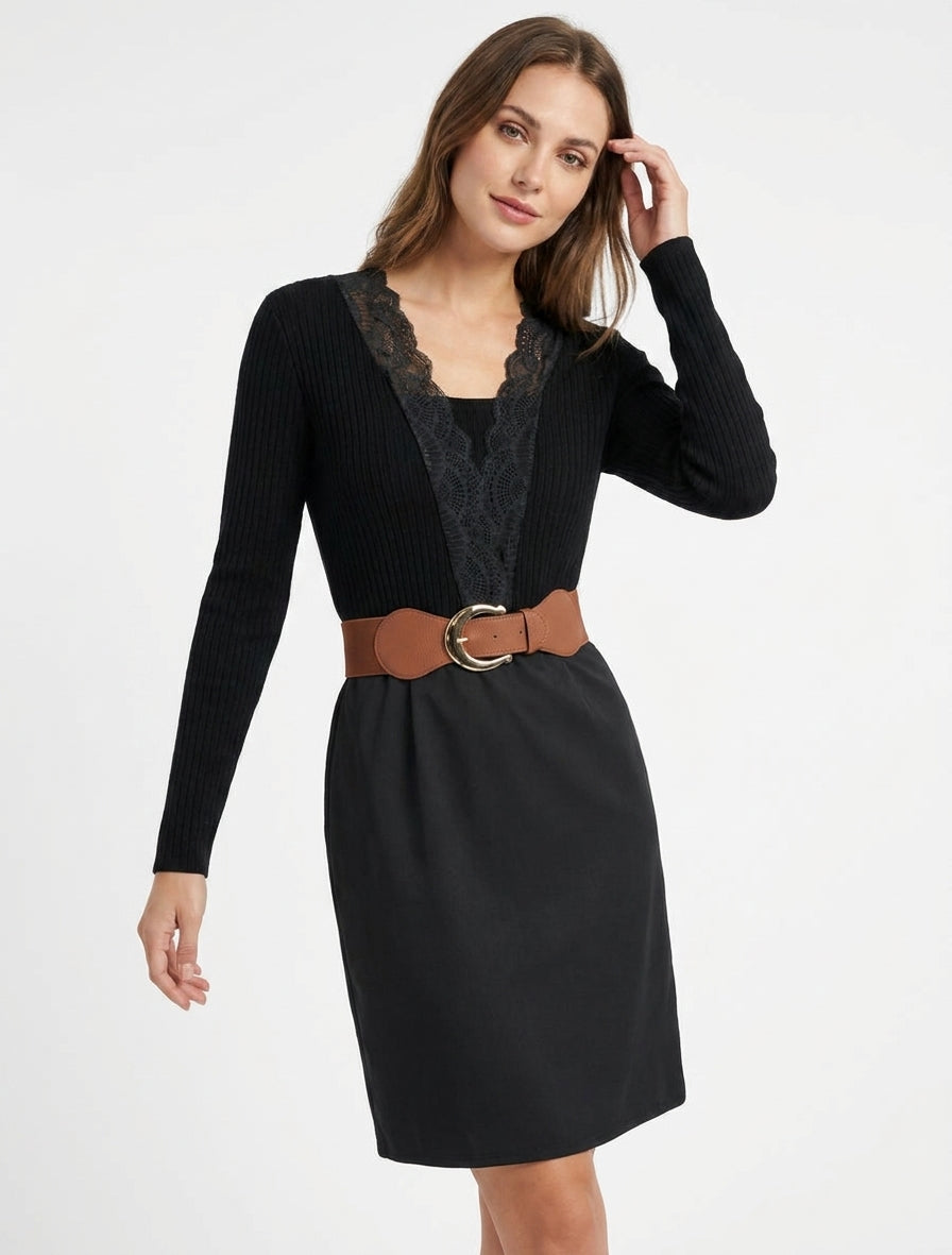 Vestido recto bicolor con detalle de encaje - Negro