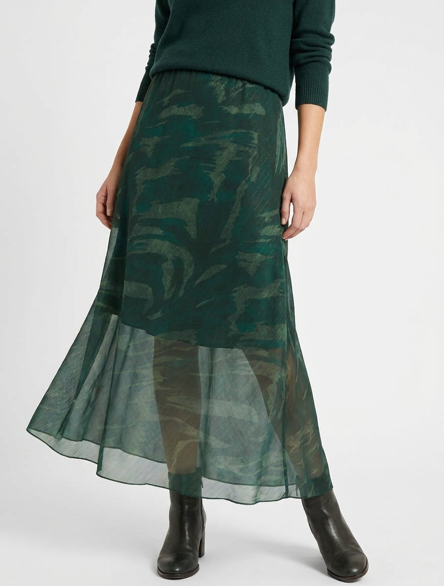 Falda larga recta de voile iridiscente con estampado abstracto - Verde oscuro