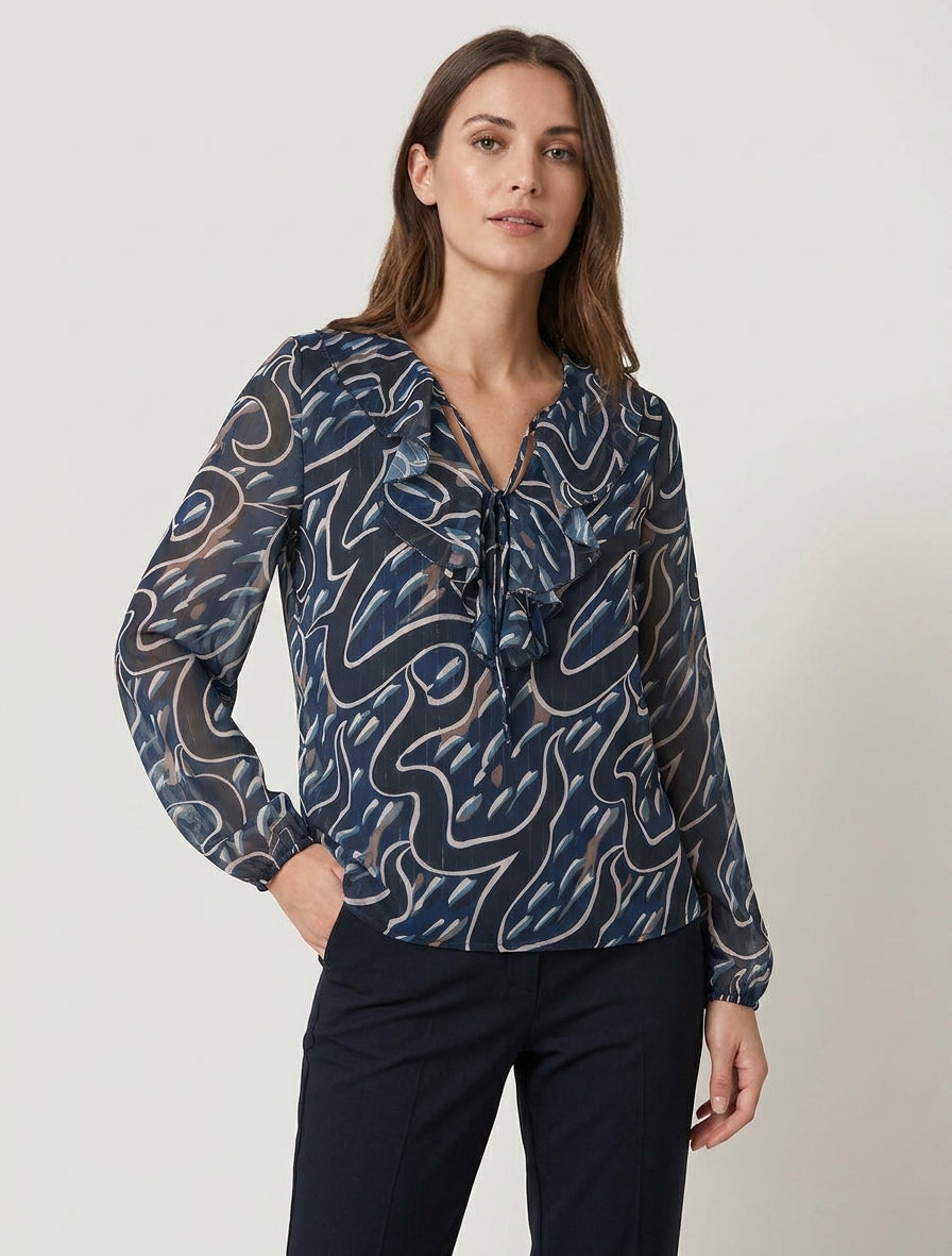 Top derecho con cuello con volantes y estampado gráfico - Marine