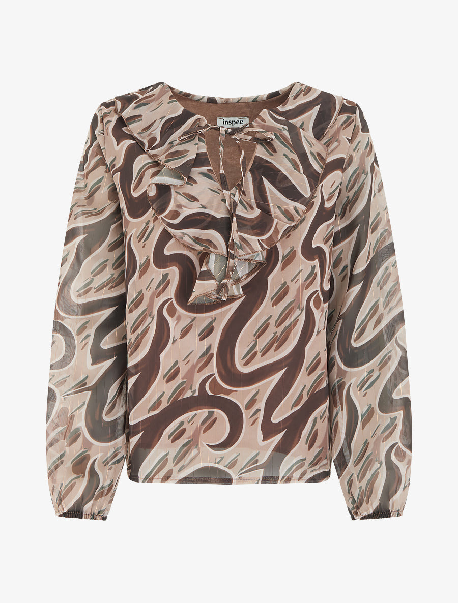 Top droit col volanté et imprimé graphique - Beige - 1
