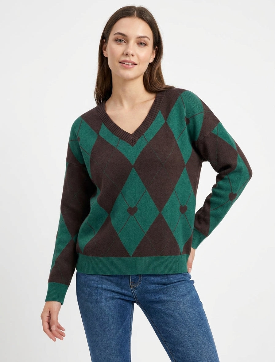 Suéter de cuello en V con diseño de cuadros y corazón - Marrón/verde oscuro