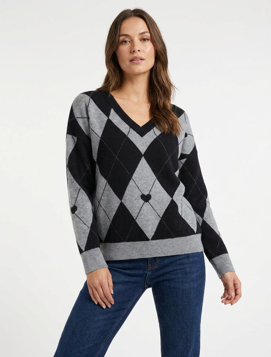 Suéter de cuello en V con diseño de cuadros y corazón - Negro/gris