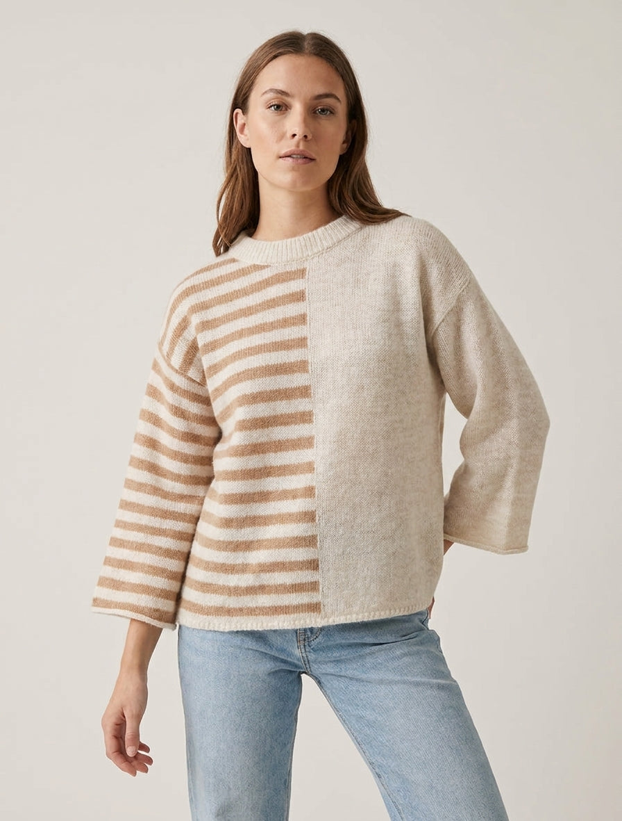 Suéter de mezcla de mohair a rayas con cuello redondo - Beis