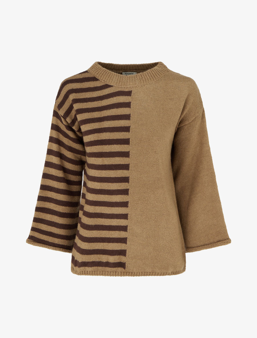 Pull en mohair mélangé à rayures et col rond - Camel - 1