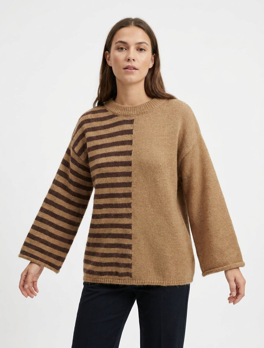 Suéter de mezcla de mohair a rayas con cuello redondo - Camello