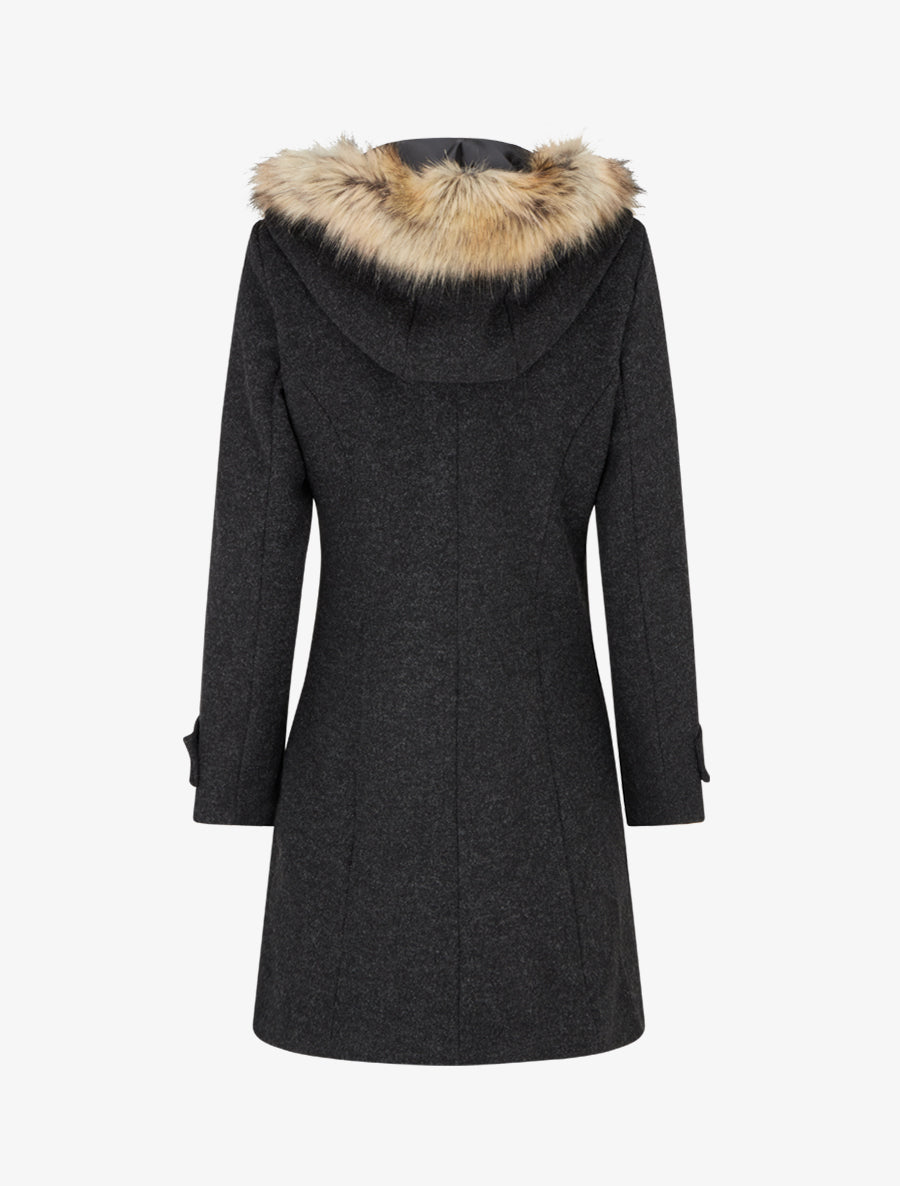 Manteau long à zip asymétrique avec fourrure sur la capuche - Gris foncé - 2
