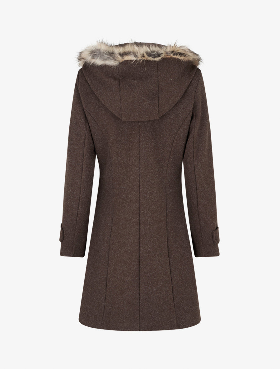 Manteau long à zip asymétrique avec fourrure sur la capuche - Chocolat - 2