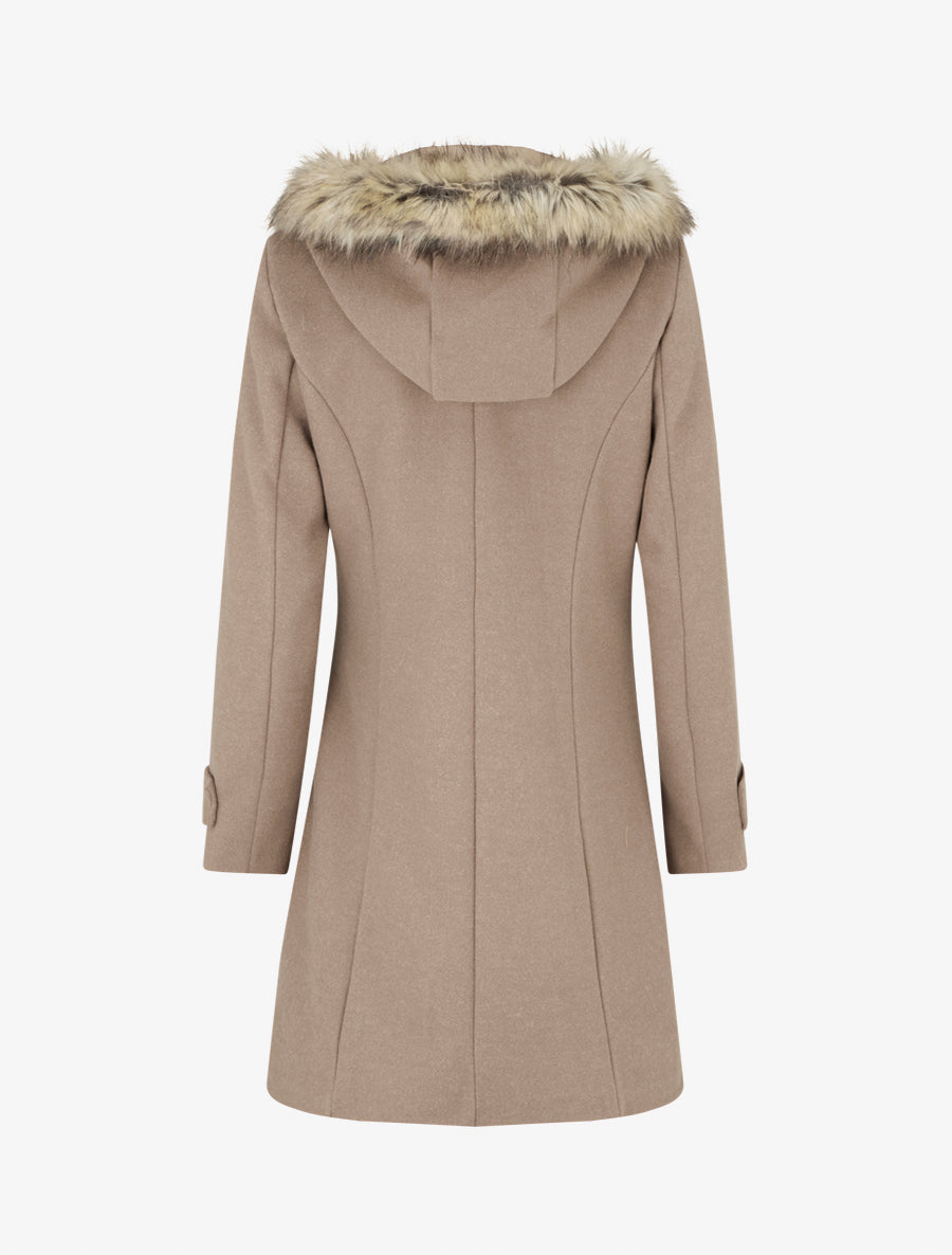 Manteau long à zip asymétrique avec fourrure sur la capuche - Beige - 2