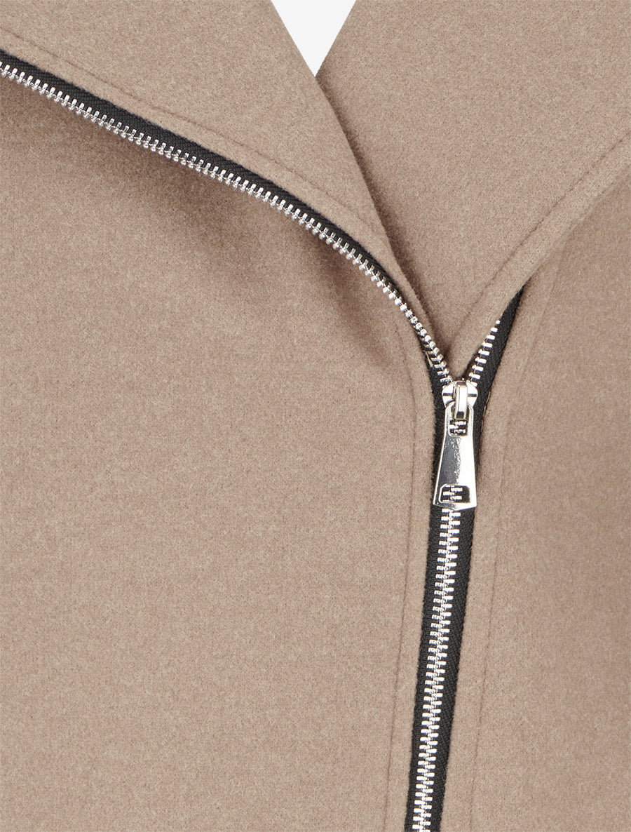 Manteau long à zip asymétrique avec fourrure sur la capuche - Beige - 3